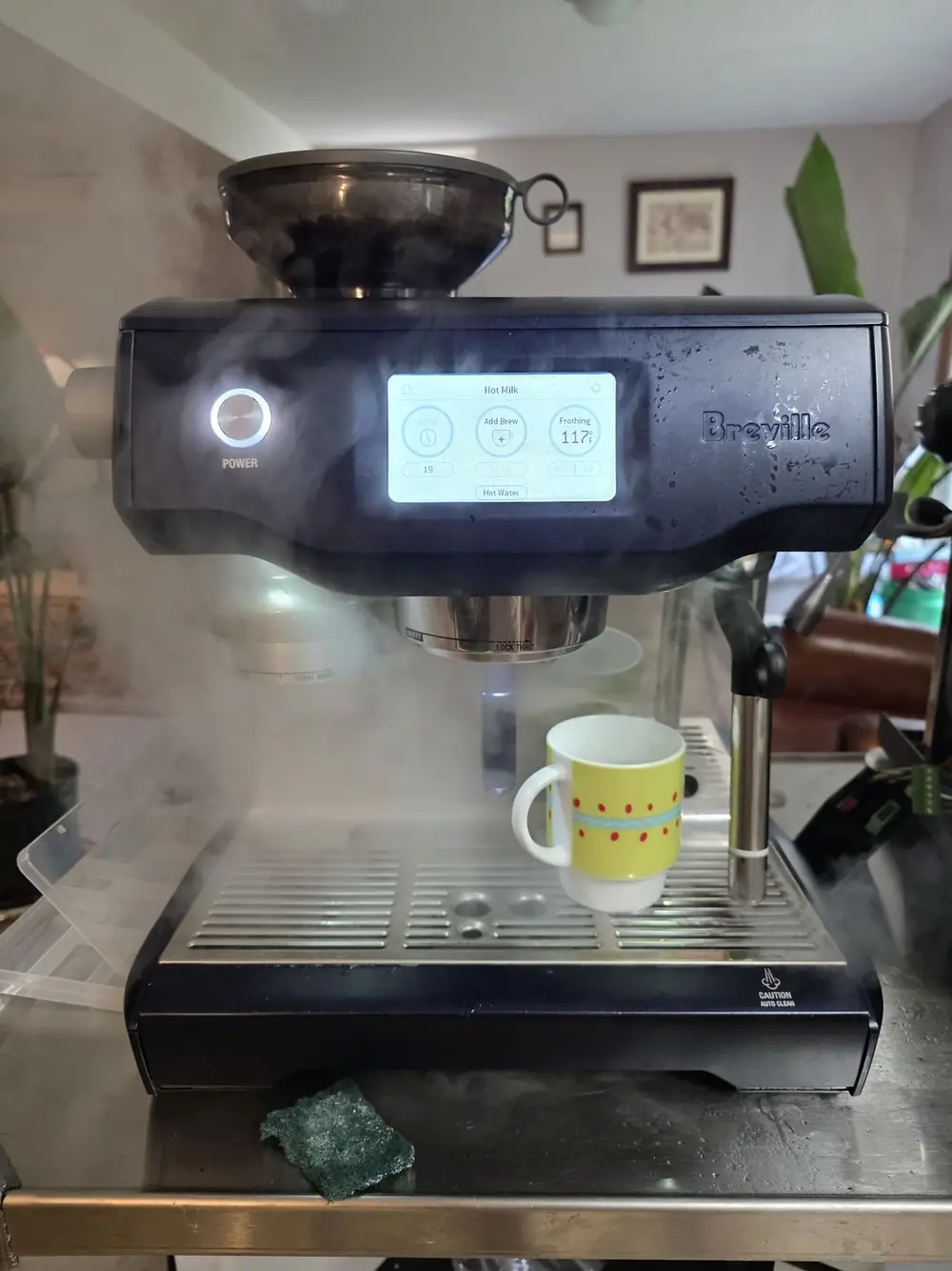 Breville Oracle Touch super-automatic espresso machine steaming milk after repair, Minneapolis, Minnesota