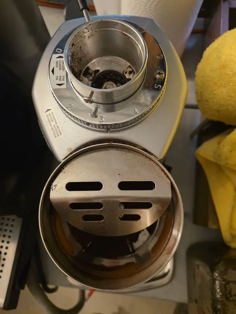 Mazzer Super Jolly Timer commercial espresso grinder with burr chamber open, serviced in Ramsey County, Minnesota