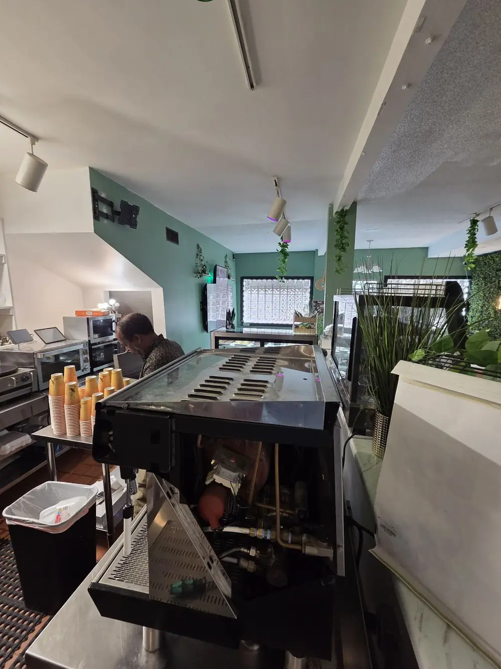 Unic Rumba single group espresso machine at a café counter, Columbia Heights, Minnesota